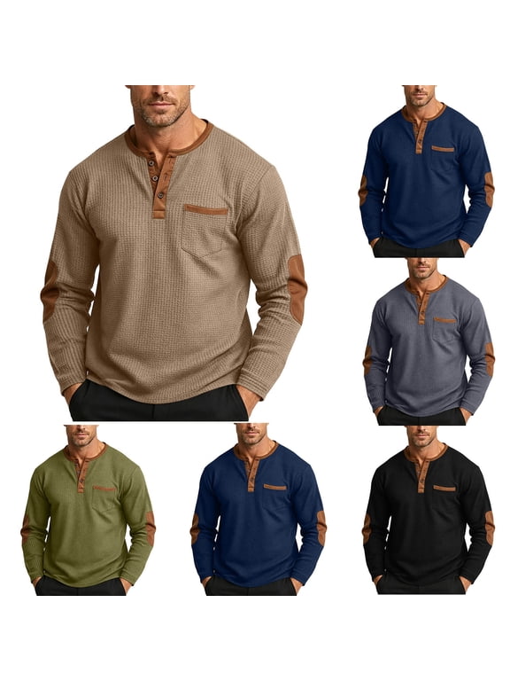 Men's Waffle Henley Shirt Button Crew Neck Long Sleeve Casual Tops Solid Color Comfy Fall Tee Shirts with Elbow Patches Black L
