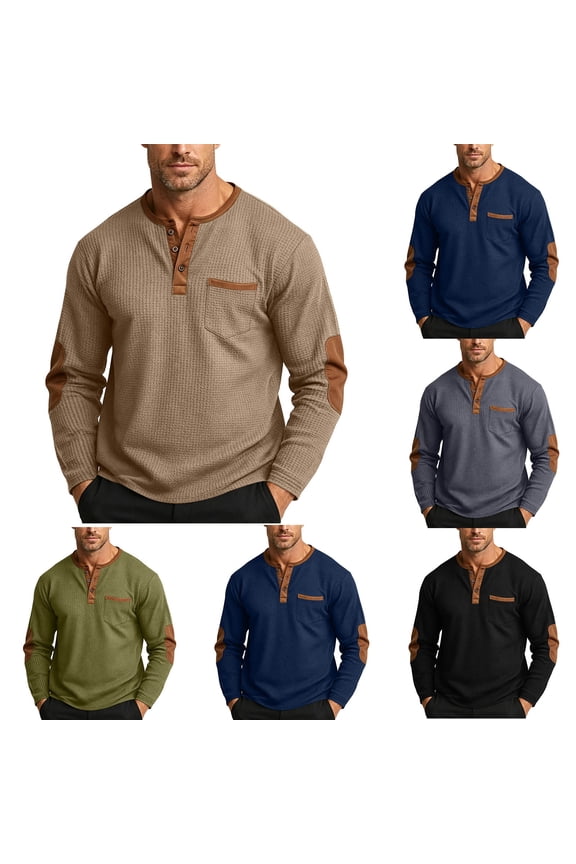 Men's Waffle Henley Shirt Button Crew Neck Long Sleeve Casual Tops Solid Color Comfy Fall Tee Shirts with Elbow Patches Gray M