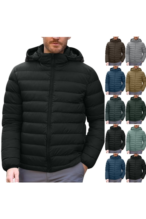 Mens Solid Puffer Coats Full Zip Long Sleeve Hooded Quilted Jackets Comfy Winter Outerwear with Pockets Khaki M