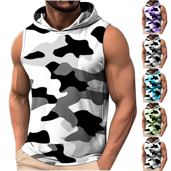 BiZtdJrK Men's Workout Hooded Tank Tops Camo Sleeveless Gym Hoodies Camouflage Bodybuilding Cut Off Muscle T-Shirt Summer Tees Black L