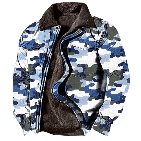 BiZtdJrK Men's Zipper Jackets Camo Print Long Sleeve Western Jackets Polar Fleece Winter Thickened Warm Coat Ethnic Style Casual Sweatshirt Black And Friday Sales E-Camouflage M
