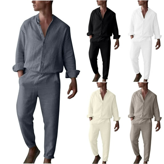 BiZtdJrK Mens 2 Piece Cotton Linen Outfits Long Sleeve Button Down Casual Shirts and Lounge Pants Summer Vacation Sets with Pockets Gray S
