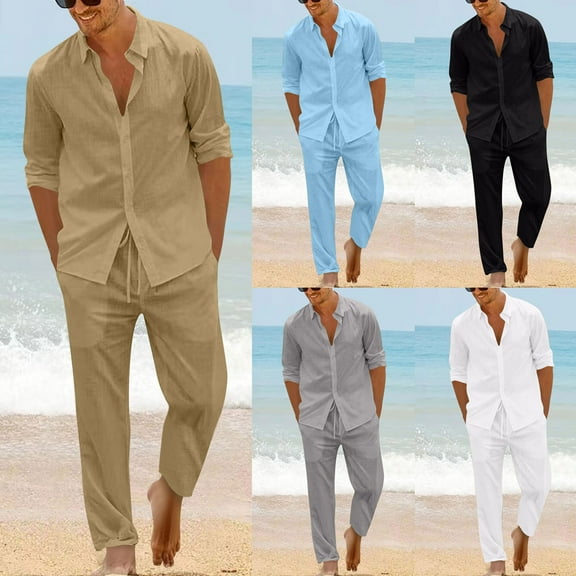 BiZtdJrK Mens 2 Piece Linen Sets Solid Casual Button Down Long Sleeve Shirts and Drawstring Straight Leg Pants with Pockets Summer Beach Outfits Black XXL