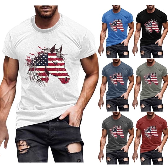 BiZtdJrK Mens 4th of July Patriotic Tees American Flag Horse Graphic Tshirts Novelty Print Short Sleeve Crewneck Tee Tops Black L