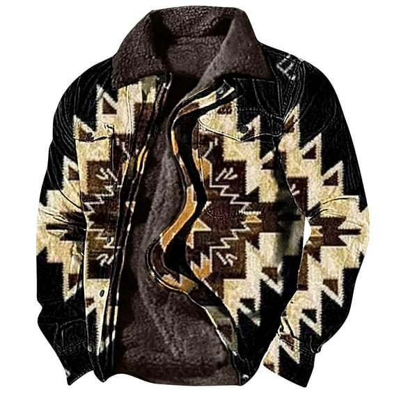 BiZtdJrK Mens Aztec Fleece Jackets Ethnic Style Casual Zipper Winter Warm Coat Vintage Print Loose Fit Long Sleeve Coats Clearance Items Black XL