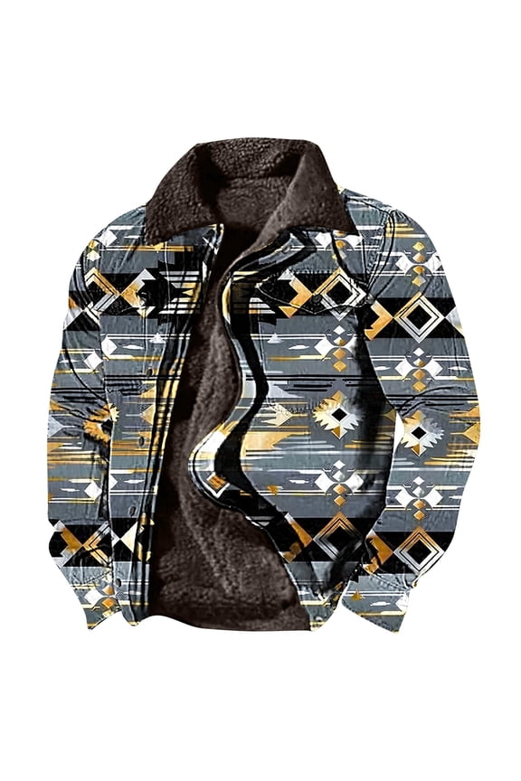 Mens Cowboy Jackets Retro Ethnic Print Warm Coats Zip-Up Long Sleeve Fleece Lined Jackets Casual Warm Winter Coat Sales Today Clearance Gold S