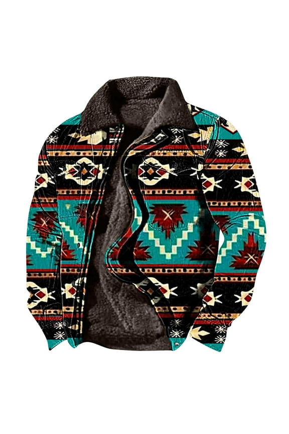 Mens Aztec Fleece Lined Jackets Vintage Print Cowboy Winter Warm Coats Casual Zipper Long Sleeve Jackets with Pockets Lighten Sales Of The Day Light Blue XXXL