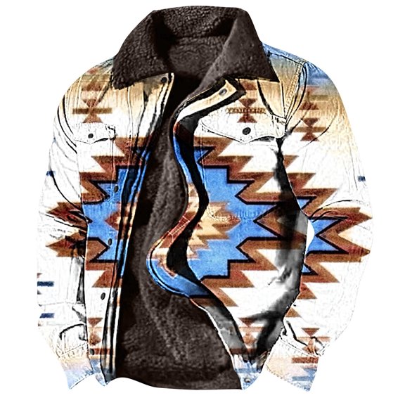 BiZtdJrK Mens Aztec Fleece Lined Jackets Vintage Print Cowboy Winter Warm Coats Casual Zipper Long Sleeve Jackets with Pockets Sales Of The Day Clearance Sky Blue XL