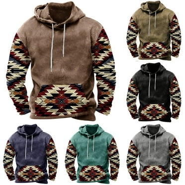 BiZtdJrK Mens Aztec Hoodie Sweatshirt Vintage Print Long Sleeve Sweatshirts Tribal Ethnic Casual Color Block Matching Pullover Prime Day Sales Today 2025 Khaki XXL