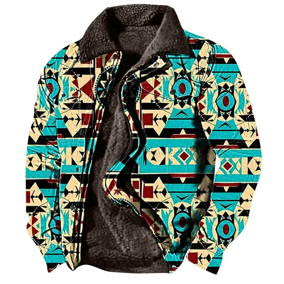 BiZtdJrK Mens Aztec Western Jackets Vintage Print Sherpa Fleece Lined Jackets Casual Zipper Winter Warm Jacket Coats with Pockets Back To College Sales Sky Blue XL