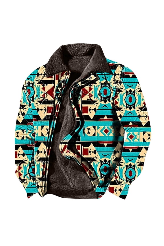Mens Aztec Western Jackets Vintage Print Sherpa Fleece Lined Jackets Casual Zipper Winter Warm Jacket Coats with Pockets Back To College Sales Sky Blue XL