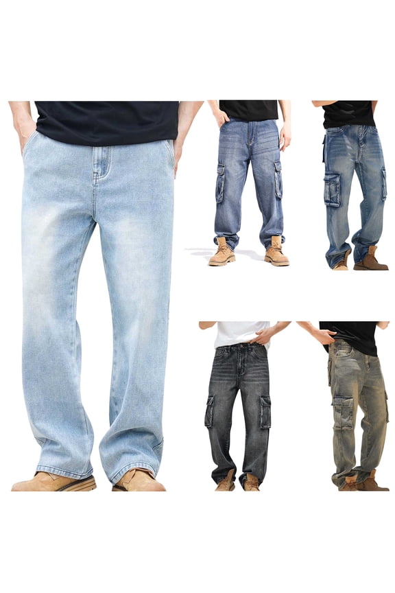 BiZtdJrK Mens Baggy Cargo Jeans Loose Fit Straight Leg Denim Workwear Pants with Pockets Casual Y2K Streewear, Khaki, 42