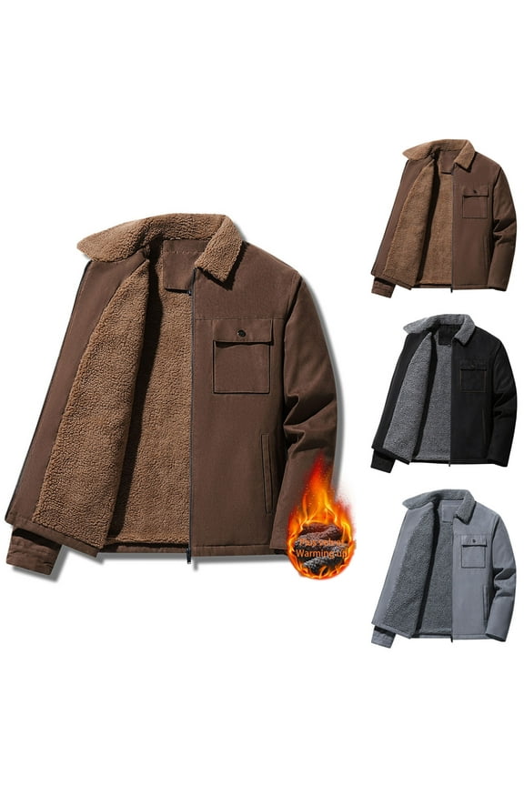 Mens Big and Tall Fleece Lined Casual Jacket Turndown Collar Long Sleeve Workwear Jackets Zip Up Warm Winter Coats with Chest Pocket Black XXXL