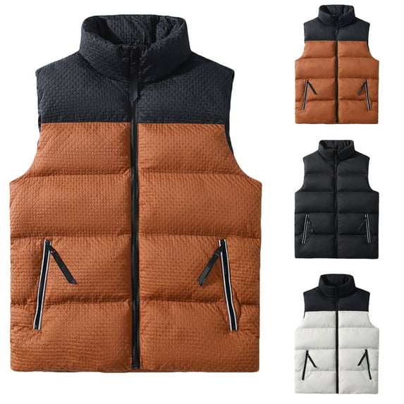 BiZtdJrK Mens Big and Tall Nylon Vest Color Block Warm Puffer Vests Lightweight Sleeveless Zip Up Jacket Casual Outerwear Outdoor Golf Vests White M