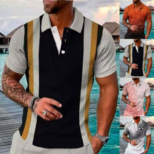 BiZtdJrK Mens Big and Tall Polo Shirts Color Block Striped Print Short Sleeve Collared T-shirt Business Casual Golf Polo Shirts Lightweight Moisture Wicking Tennis Shirt Deals of Today Orange XXXXXL