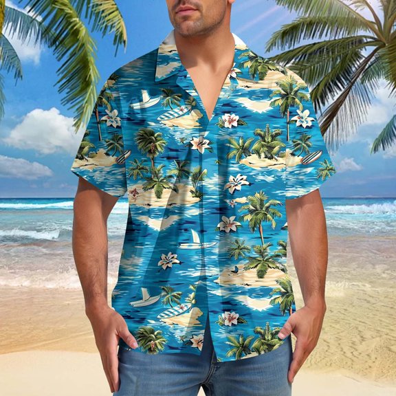 BiZtdJrK Mens Big and Tall Beach Shirts Lapel Button Down Short Sleeve Hawaiian Shirt Tropical Printed Travel Vacation Shirts Sky Blue M