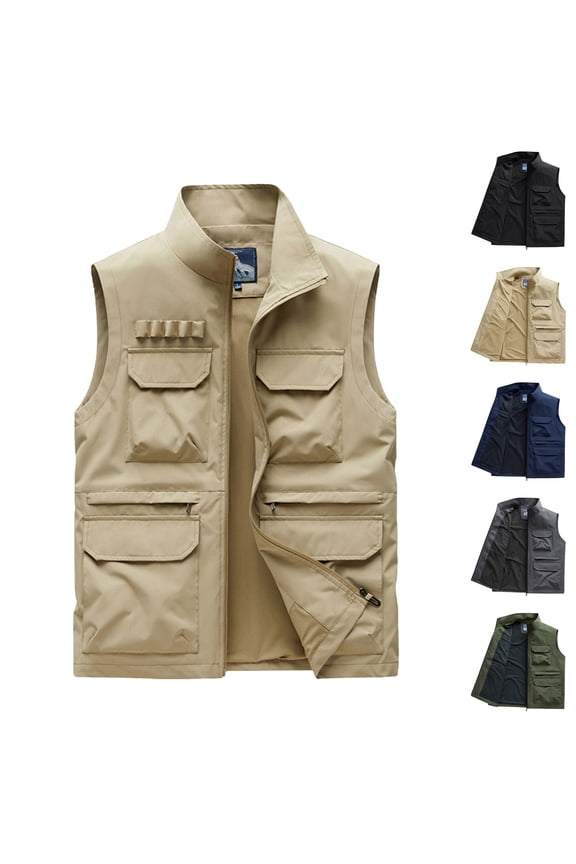 Men's Lightweight Quick Dry Fishing Vest Outdoor Work Safari Travel Photo Cargo Vests Jacket with Multi Pockets Khaki XXXXL