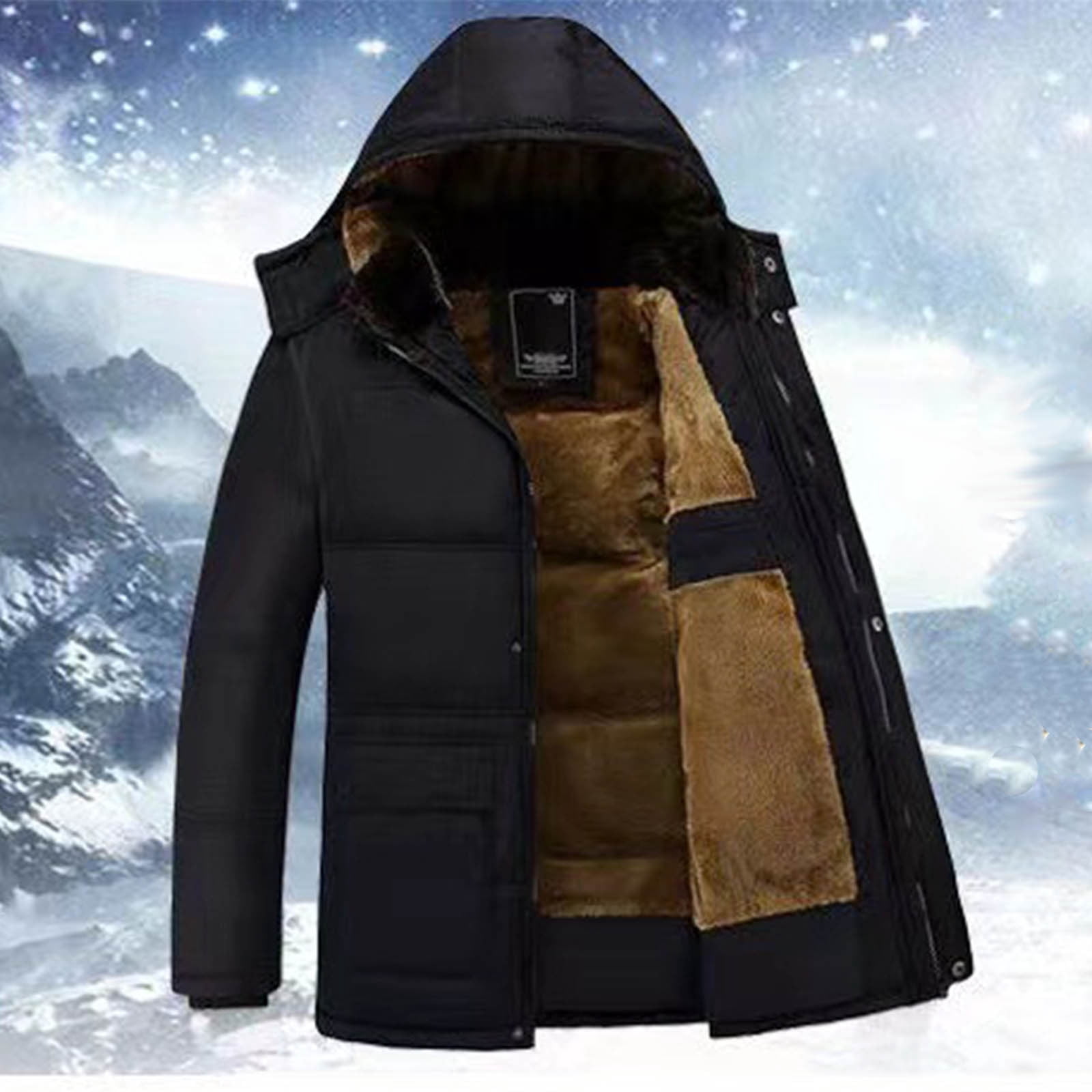 BiZtdJrK Mens Big and Tall Sherpa Lined Hooded Jackets Zip Up Long Sleeve Quilted Puffer Jacket Warm Winter Ski Coats with Pockets Black XL