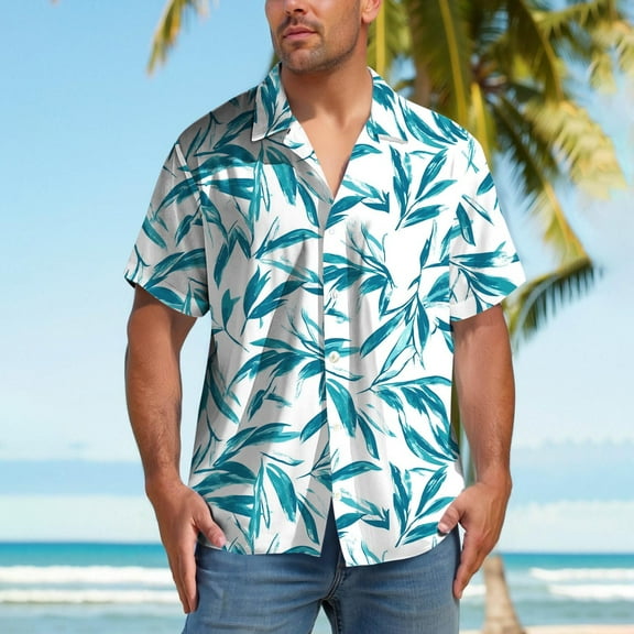 BiZtdJrK Mens Big and Tall Summer Shirts Tropical Print Short Sleeve Button Down Collared Tops Loose Hawaiian Travel Vacation Shirt Green XXXL