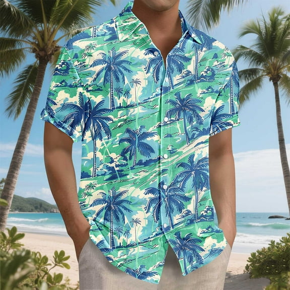 BiZtdJrK Mens Big and Tall Summer Shirts Tropical Print Short Sleeve Button Down Collared Tops Loose Hawaiian Travel Vacation Shirt Multicolor XXL