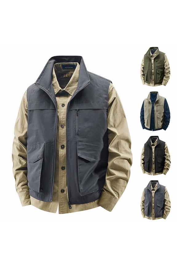 Mens Big and Tall Travel Vest Stand Collar Full Zip Sleeveless Outdoor Cargo Jackets Fashion Streetwear Vests with Multi Pockets Black L