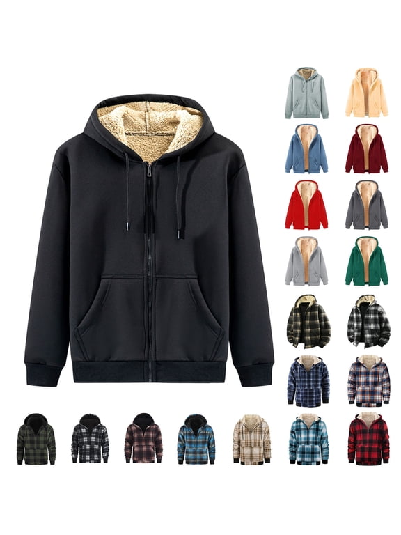 Mens Big and Tall Winter Warm Jacket Sherpa Fleece Lined Long Sleeve Zip Up Jackets Drawstring Hooded Coats with Pockets Black L
