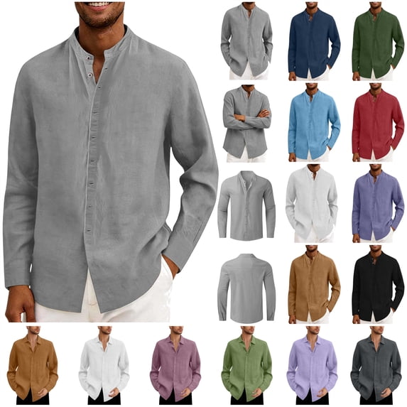 BiZtdJrK Mens Button Down Linen Tops Stand Collar Long Sleeve Solid Color Work Shirt Vacation Beach Summer Outfits, Gray, XL