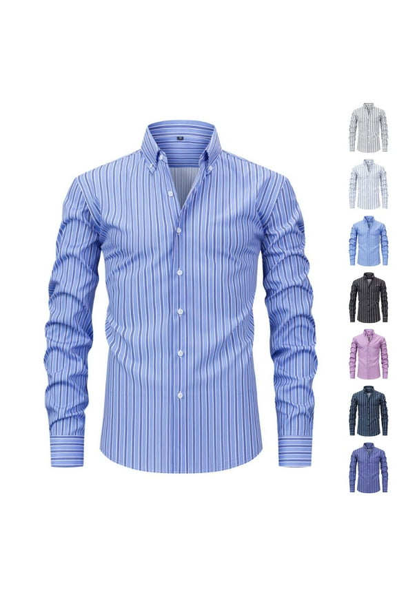 Mens Button Down Shirts Striped Long Sleeve Casual Work Dress Shirt Wrinkle Free Regular Fit Office Collared Tops Dark Blue XXL