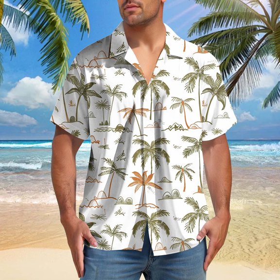 BiZtdJrK Mens Button Down Short Sleeve Shirt Big and Tall Wrinkle Free Casual Work Shirts Lapel Palm Tree Print Hawaiian Beach Tops White S