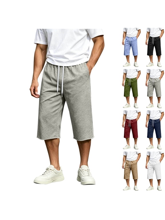 Mens Capri Sweatpants Drawstring Lightweight Running Athletic Capris Elastic Waist Workout Cropped Sweatpant with Pockets Gray L