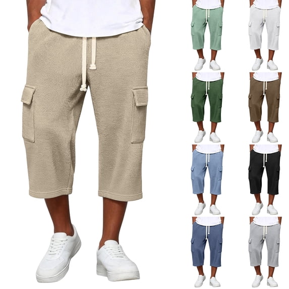 BiZtdJrK Mens Capri Sweatpants with Pockets Drawstring Elastic Waist Straight Leg Cargo Capris Loose Fit Comfy Solid Color Summer Pants Light Blue L