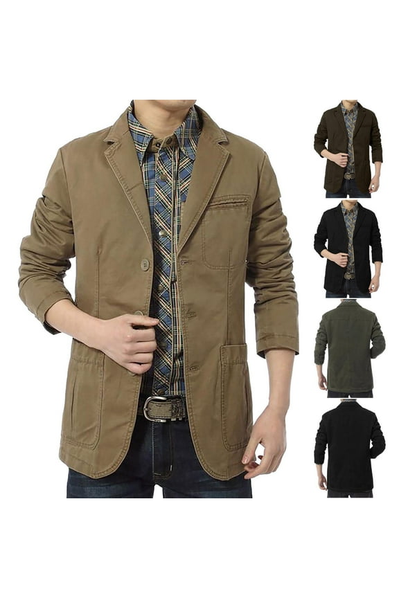 BiZtdJrK Mens Cargo Blazer Jacket Casual 3 Buttons Cotton Twill Suit Jackets Fall Lightweight Long Sleeve Blazers with Pockets, Khaki, M, Gifts for Men