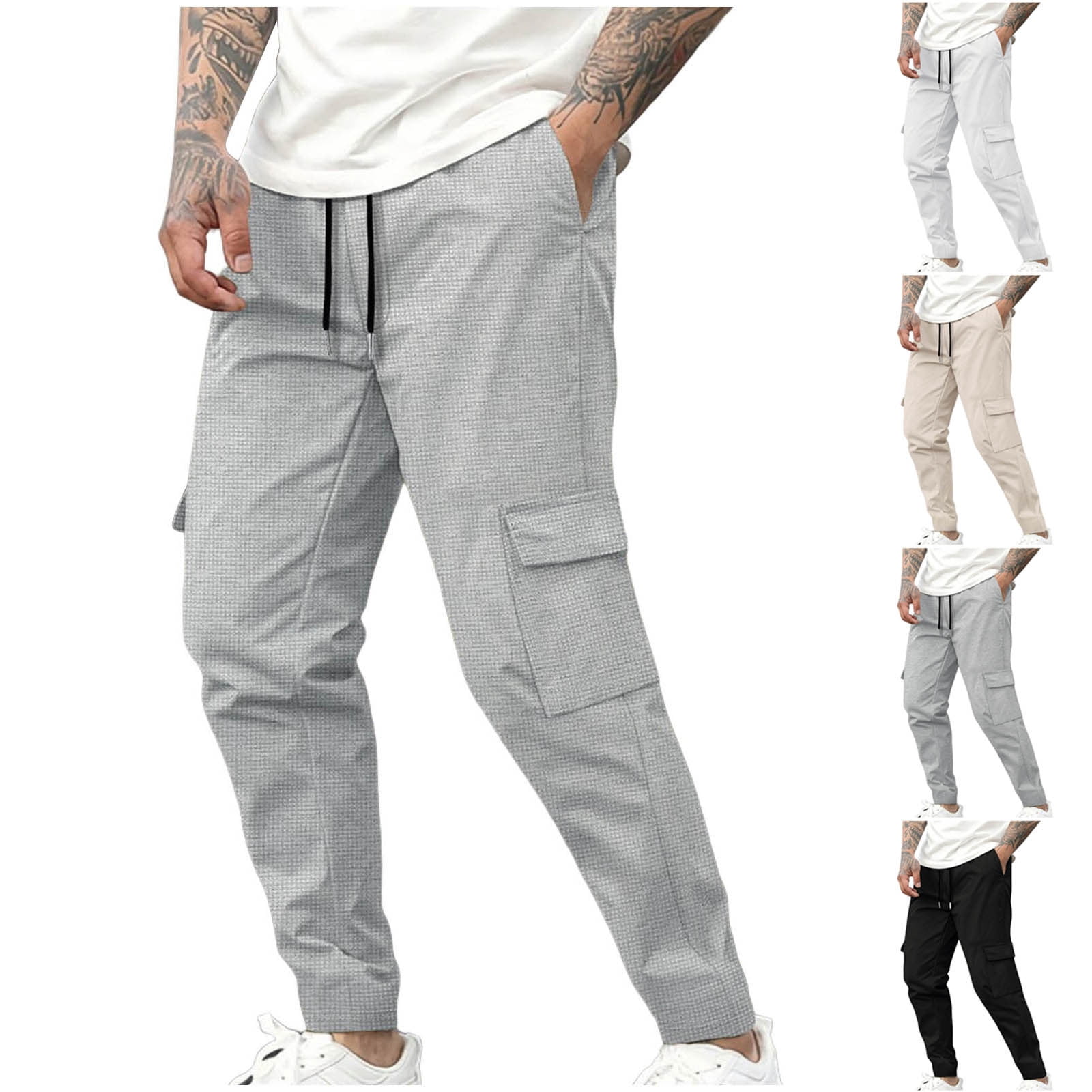 Cool Khaki Pockets Print Elastic Waist Silk Men Pants Summer YT058 main image 1