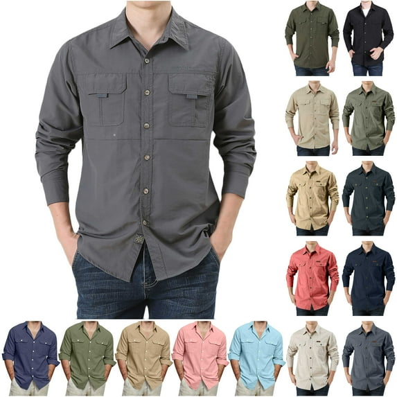 BiZtdJrK Mens Casual Button Down Cargo Shirts with 2 Pockets Long Sleeve Fapel Work Shirt Solid Color Camping Hiking Shirts Vacation Tops Gray XXL Sale of The Day Prime Today