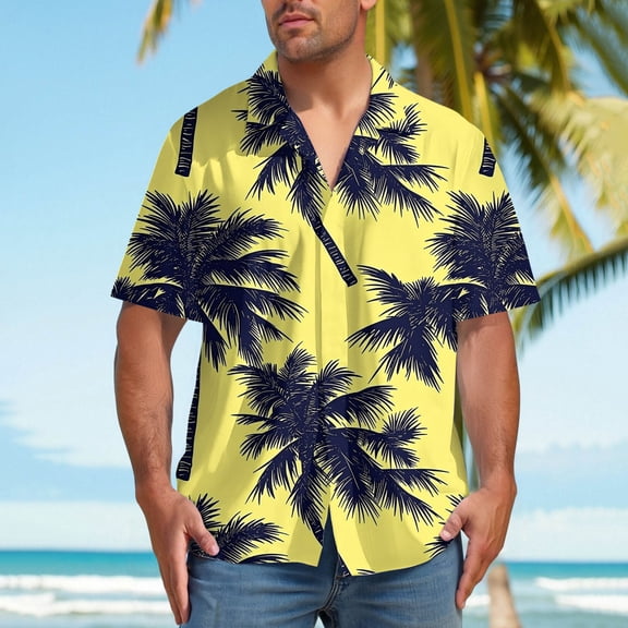 BiZtdJrK Mens Casual Button Down Shirts Wrinkle Free Lapel Short Sleeve Summer Shirt Big and Tall Tropical Print Hawaiian Beach Tops Yellow L