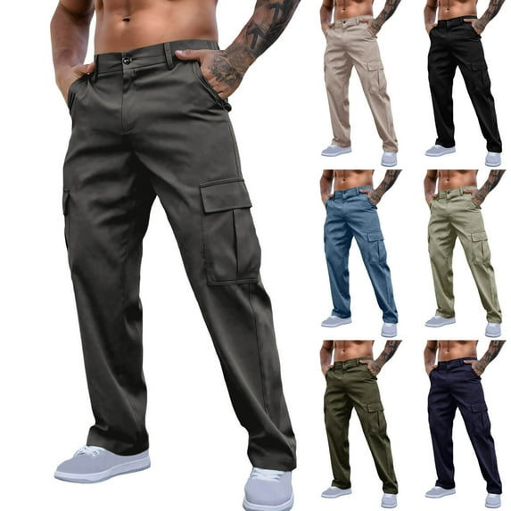 BiZtdJrK Mens Casual Button Flat Front Jogger Sweatpants Relaxed Fit Straight Leg Cargo Pants Solid Color Multi Pockets Hiking Athletic Pants, Army Green, S