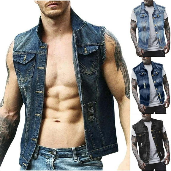 BiZtdJrK Mens Casual Denim Vests Ripped Button Down Sleeveless Jean Jackets Lapel Slim Fit Fashion Streetwear Vest with Pockets Dark Blue L