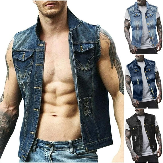 BiZtdJrK Mens Casual Denim Vests Ripped Button Down Sleeveless Jean Jackets Lapel Slim Fit Fashion Streetwear Vest with Pockets Dark Blue L