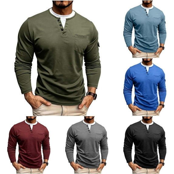 BiZtdJrK Mens Casual Henley T-Shirt Fake Two Piece Button V Neck Long Sleeve Tops with Pocket Solid Color Pullover, Wine, S