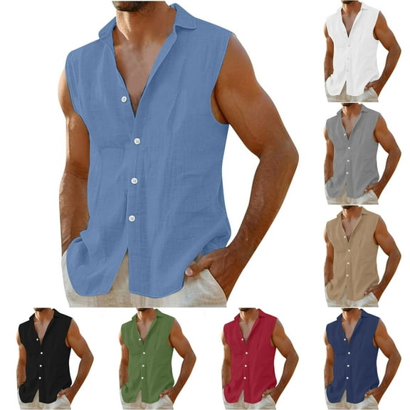 BiZtdJrK Mens Casual Linen Button Down Sleeveless Shirts Beach Summer Lapel Collar Tanks Tops with Chest Pocket Vacation Clothes Army Green XXL