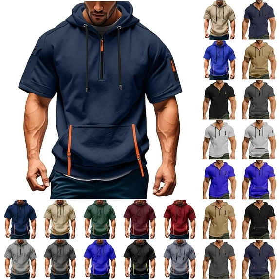 BiZtdJrK Mens Casual Quarter Zip Pullover Hoodies Lightweight Workout Short Sleeve Sweatshirts Solid Color Hooded Shirts with Pocket Gray XXXL
