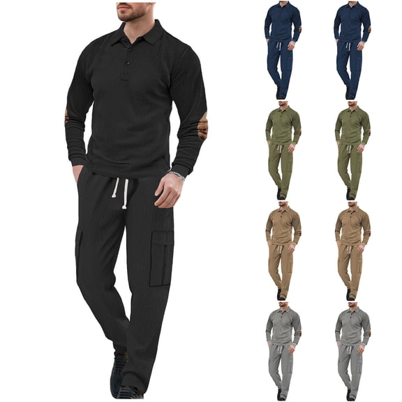 BiZtdJrK Mens Casual Sets Button Up Lapel Long Sleeve Polos Shirts and Cargo Pants 2 Piece Set Corduroy Solid Fall Outfits with Pockets Black S