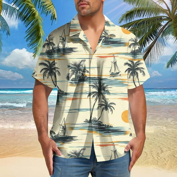 BiZtdJrK Mens Casual Shirts Palm Tree Print Hawaiian Beach Shirt Big and Tall Lapel Short Sleeve Button Down Shirts Lightweight Breathable Collared Tops Beige S