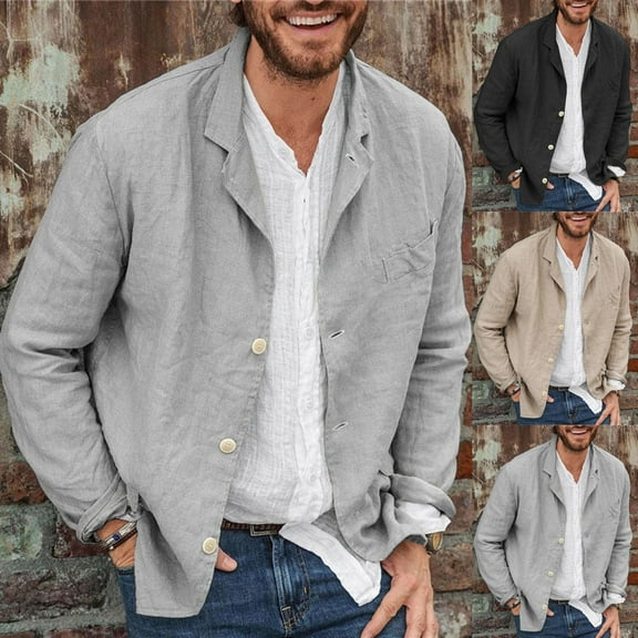 BiZtdJrK Mens Cotton Linen Blazers Turndown Collar Button Down Long Sleeve Sport Coats Lightweight Solid Casual Shirt Jacket Khaki L