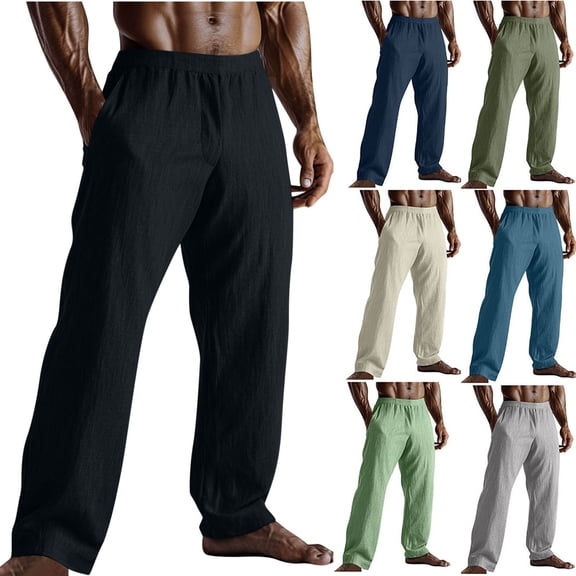 BiZtdJrK Mens Cotton Linen Pants Loose Lightweight Elastic Waist Trousers Casual Straight Leg Beach Pants with Pockets, Green, XL