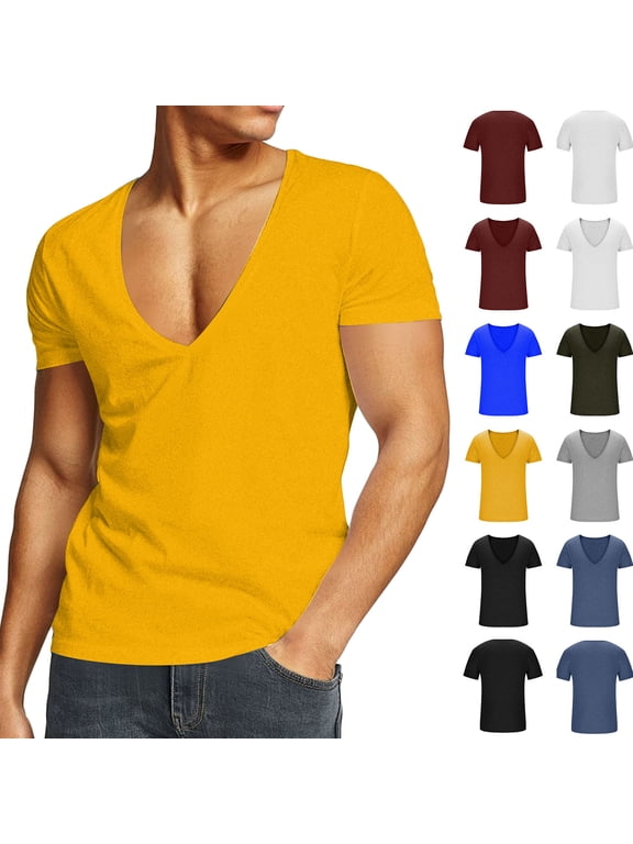 Mens Deep V Neck T Shirt Short Sleeve Cotton T Shirts Comfy Breathable Gym Workout Tees Slim Fit Casual Tops White L