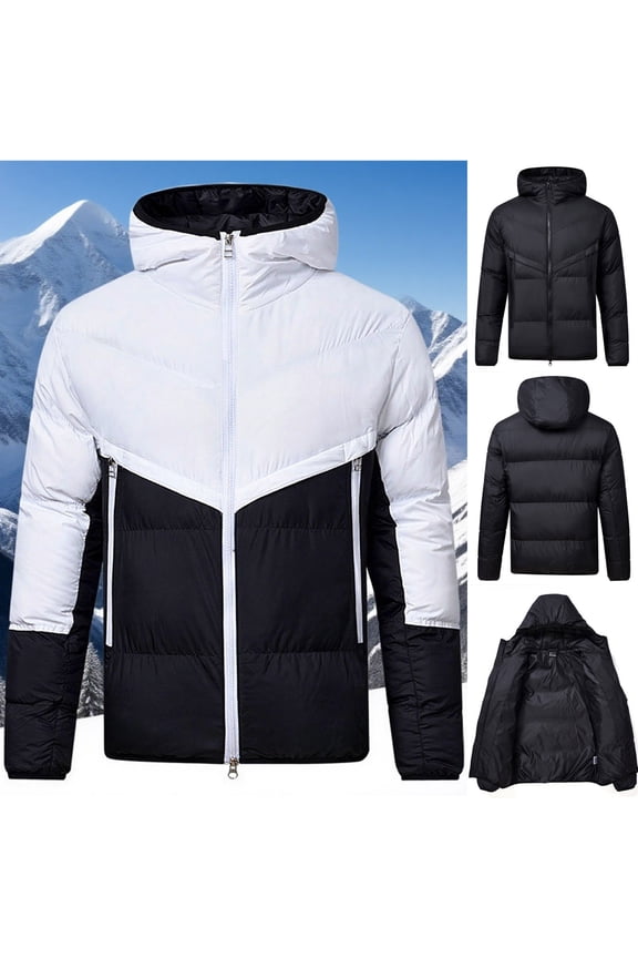 BiZtdJrK Mens Down Jacket with Hood Winter Thicken Zip Up Puffer Jacket Casual Long Sleeve Warmth Outdoor Puffy Jackets, White, XL