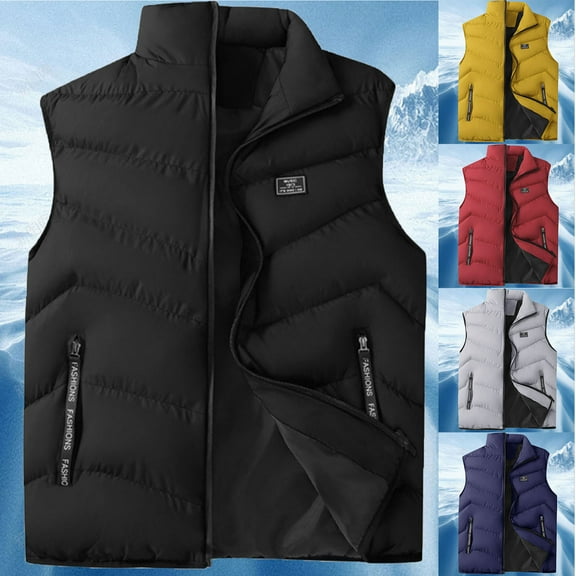 BiZtdJrK Mens Down Puffer Vest Stand Collar Zip Up Sleeveless Quilted Jackets Solid Warm Winter Vests with Pockets Yellow L