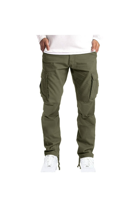 Mens Elastic Waist Cargo Pants Cotton Casual Straight Leg Athletic Pants Lightweight Jogger Hiking Pants with Pockets Army Green S