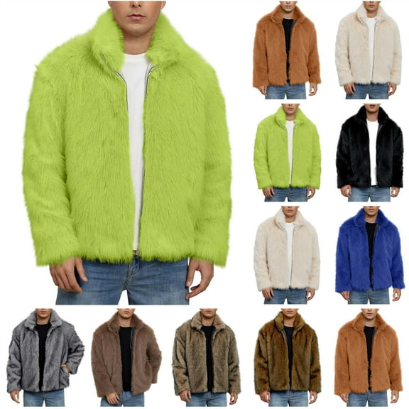 BiZtdJrK Mens Faux Fur Jackets Fluffy Warm Fall Winter Coats Zip up Open Front Lapel Collar Long Sleeve Outwear, Coffee, M